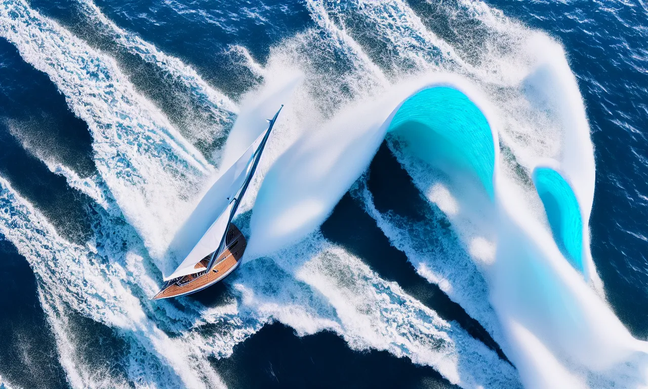 Prompt: sailing yacht breaking wave at open sea , dramatic camera angle, close up, by national geographic blue earth, high speed photography, octane render, 4k, award winning photography