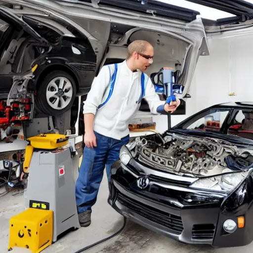 Prompt: robot mechanic working on a Toyota Corolla SE 2011