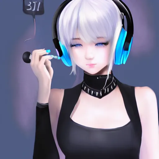 Image similar to realistic teasing detailed semirealism beautiful gorgeous cute Blackpink Lalisa Manoban white hair white cat ears blue eyes, wearing black camisole outfit, headphones, black leather choker full HD 4K high resolution quality WLOP, Aztodio, Taejune Kim, Guweiz, Pixiv, Instagram, Artstation