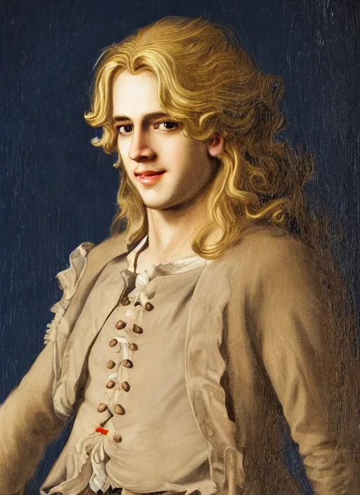 Image similar to portrait of a smiling blond handsome man with long hair in baroque art, anime inspired, High Res 8K,hyperdetailed