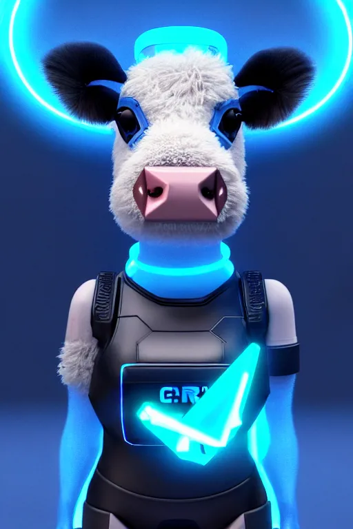 Prompt: high quality 3 d render sci - fi very cute cyborg cow fluffy! hybrid! drinking beer, highly detailed, unreal engine cinematic smooth, in the style of blade runner & detective pikachu, hannah yata charlie immer, dark blue neon light, low angle, uhd 8 k, sharp focus