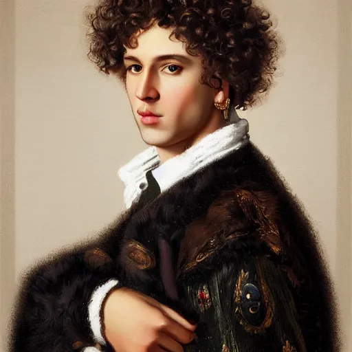 Image similar to young man with curly hair, in rich Russian furcoat, with pearl earring, Russian Empire, cinematic lighting, highly detailed, digital art, Renaissance painting, framed, by Leyendecker, by Rutkowsky,