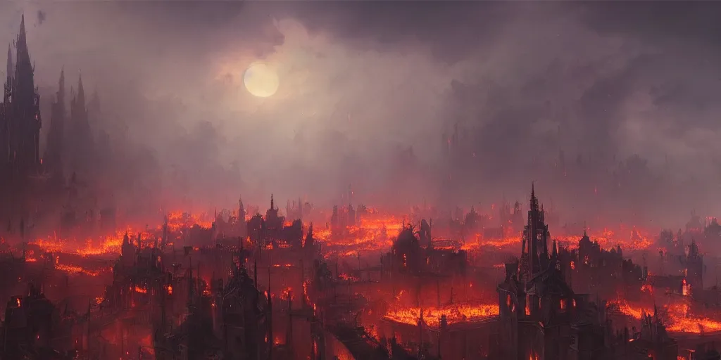 Image similar to A fantasy city completely covered in fire, rising smoke, dark fantasy, nighttime, detailed crimson moon, hyper realistic, by greg rutkowski, trending on artstation