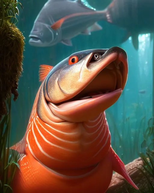 Prompt: disney pixar portrait 8 k photo of a king salmon : : by weta, greg rutkowski, wlop, ilya kuvshinov, rossdraws, artgerm, annie leibovitz, rave, unreal engine, alphonse mucha : :