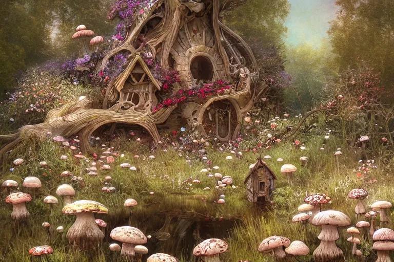 Image similar to wide angle view, a beautiful digital painting of a fairy house made of mushroms in a lake, flowers, beautiful tranquil day, by greg rutkowski, brian froud, peter mohrbacher, jean - baptiste monge, and alphonse mucha, symmetry, complementary colors, ink illustration, trending on artstation