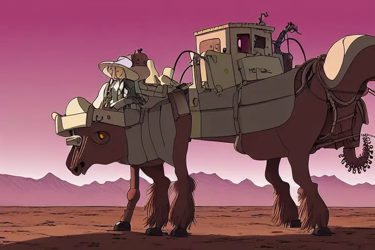 Image similar to a cell shaded cartoon of a lovecraftian mechanized horse from howl's moving castle ( 2 0 0 4 ), on a desert road, in front of a full moon, full body, wide shot, very muted colors, post grunge, studio ghibli, laurie greasley, highly detailed, deviantart, art by artgem