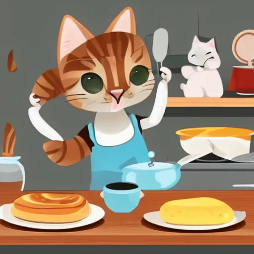 Prompt: a cute cat cooking a breakfast, sketch, high quality
