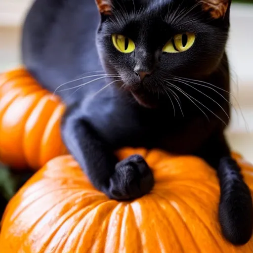 Image similar to a singular black cat resting on top of a pumpkin, simple, cute