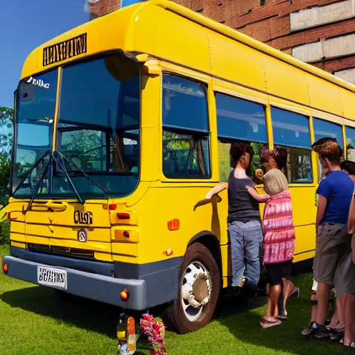 Image similar to A yellow bus, on top of the bus there is a pool and barbecue filled with people having a party, photograph