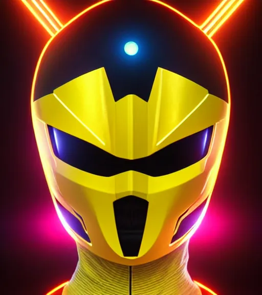 Image similar to symmetry!! yellow ranger, thunderbolt - shaped viser!!, thunderbolt shaped helmet!!, hard edges, product render retro - futuristic poster scifi, lasers and neon circuits, yellow ranger, intricate, elegant, highly detailed, digital painting, artstation, concept art, smooth, sharp focus, illustration, dreamlike, art by artgerm