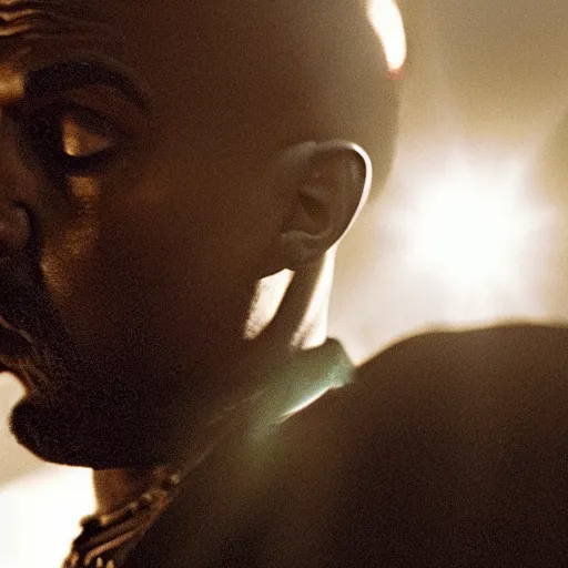 Image similar to Kanye West as the Joker, splash art, movie still, cinematic lighting, dramatic, octane render, long lens, shallow depth of field, bokeh, anamorphic lens flare, 8k, hyper detailed, 35mm film grain