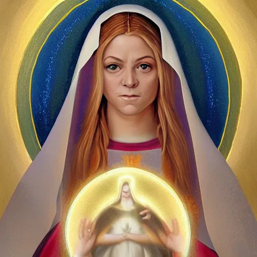 Image similar to melissa joan hart as virgin mary, digital illustration, by artgerm and greg rutkowski,