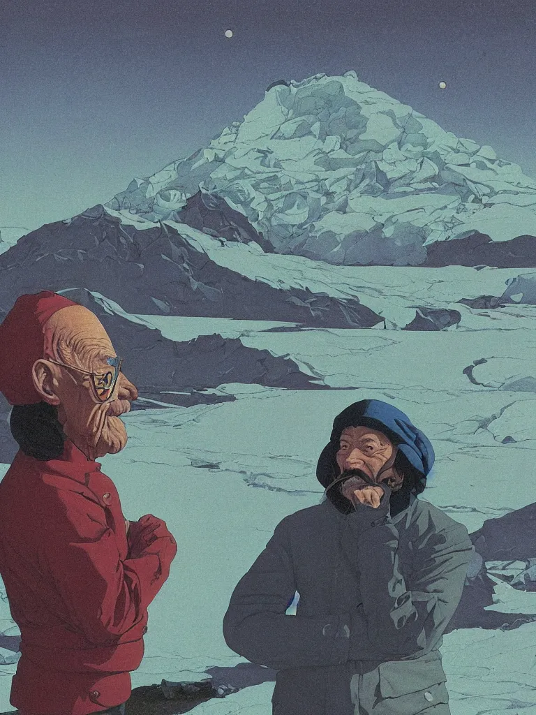 Image similar to a closeup portrait of an old man taking mind altering drugs, a blotter paper of lsd acid and dreaming psychedelic hallucinations in the vast icy landscape of antarctica, by kawase hasui, moebius, edward hopper, colorful flat surreal design, dramatic lighting, hd, 8 k, artstation