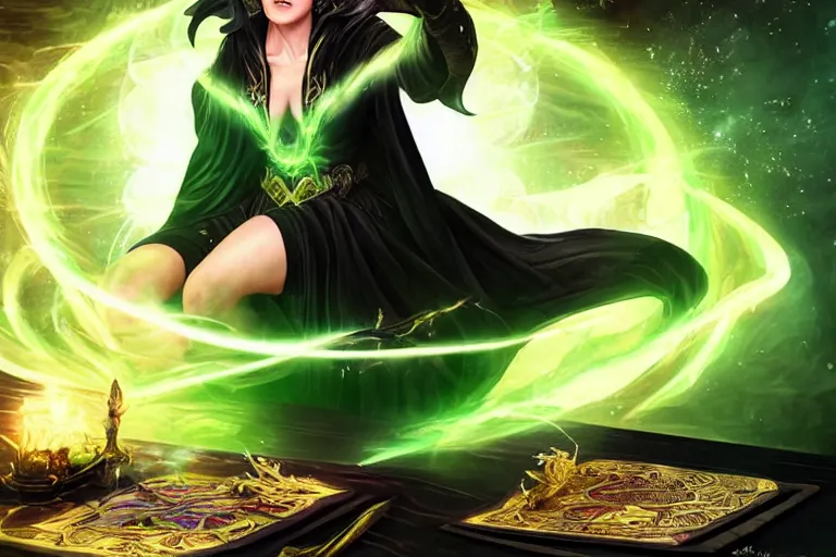 Image similar to a beautiful sorceress wearing a black robe with gold embroidery, sitting at table, casting a spell, green glows, painted by artgerm and masamune shirow, in the style of magic the gathering, highly detailed digital art