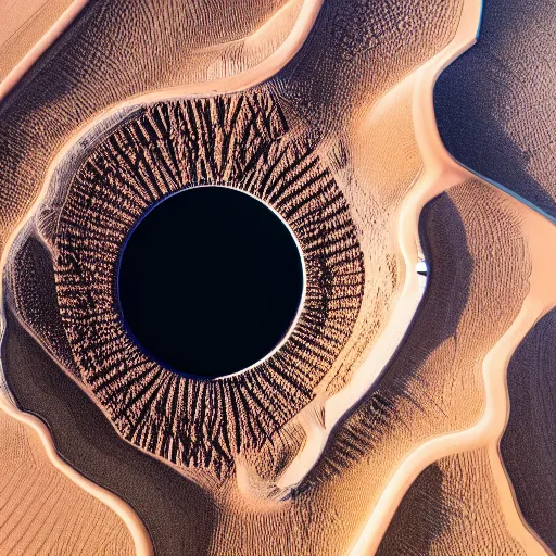 Prompt: desert landscape photo of a round black crater in the shape of a pupil surrounded by sand dunes in the shape of an iris, drone photo