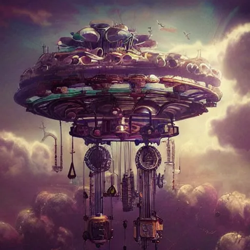 Image similar to flying city in a mechanical flower flower flower flower, sky, steampunk!!!, fantasy art, steampunk, masterpiece, octane, ghibli