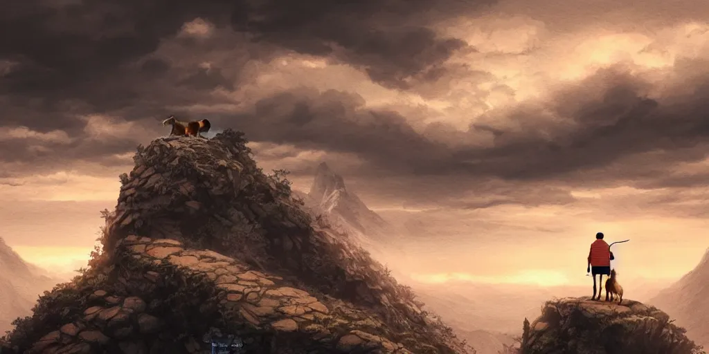 Prompt: an intricate concept illustration of a man with his dog in a mountain in a cloudy sunset, cinematic, hyper realistic, intricate details, anime style, concept art, cinematic lighting