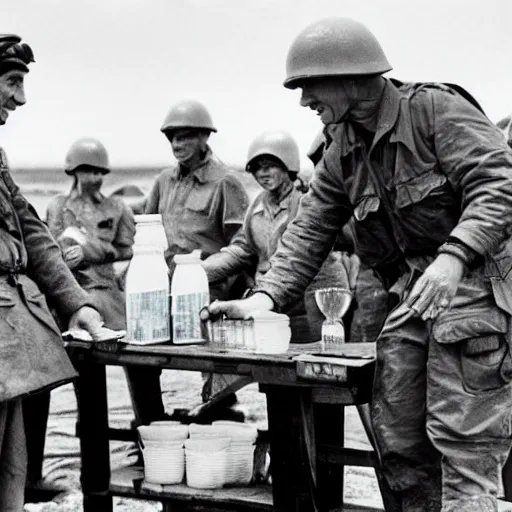 Image similar to Ronald Reagan selling lemonade in the Normandy beaches during D-day, photorealistic, ultra high detail