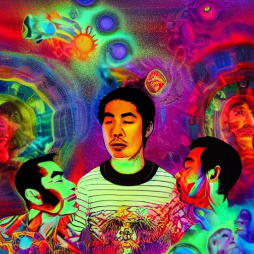 Prompt: LSD dream, one mexican man, one asian man, one white man, one black man, sitting on couch, melting atmosphere, 4k