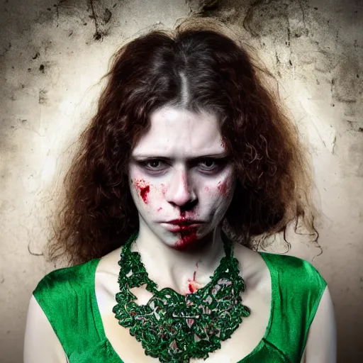 Prompt: portrait of a horrified heavily bloodied beautiful young woman. long hazelnut wavy hair. face covered in blood. wearing an imposing intricate emerald necklace and medieval green ball gown. in tears in a castle corridor. long hazelnut hair. 4 k low angle professional photograph, clear image, lens focused on face, detailed eyes. dark oppressive atmosphere. horror movie still