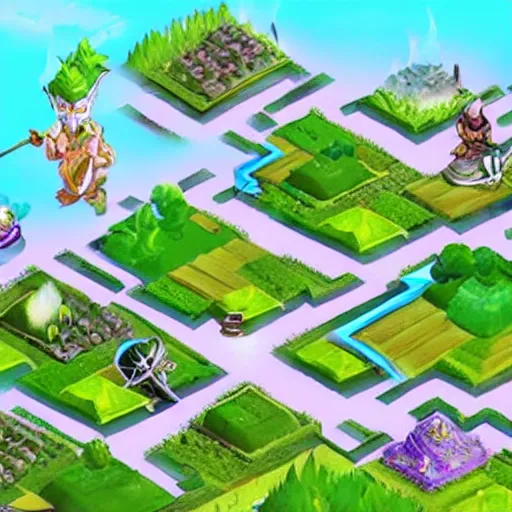 Prompt: concept of a farming mobile game with fantasy style, clash of clan style, vietnam inspiration, pastel color, relax, in the country side