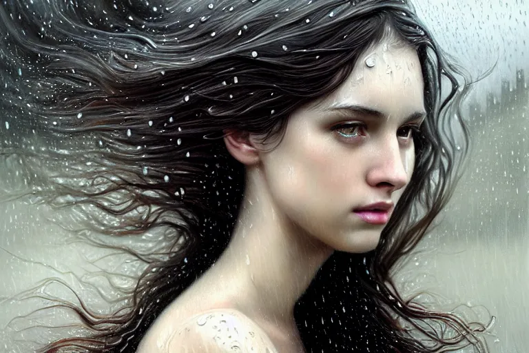 Image similar to highly detailed portrait of a beautiful girl running in rain with wet dark hair and pale face, fantasy, intricate, elegant, dramatic lighting, emotionally evoking symbolic metaphor, highly detailed, lifelike, photorealistic, digital painting, artstation, concept art, smooth, sharp focus, illustration, art by John Collier and Albert Aublet and Krenz Cushart and Artem Demura and Alphonse Mucha