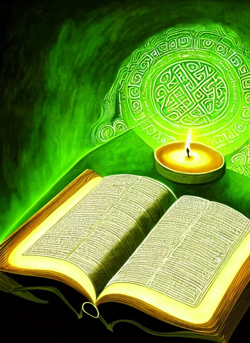 Prompt: illustration of a grand old book, arcane tome filled with green glowing runes, close up of book, runes, green glowing runes, intricate, elegant, candle light, highly detailed, digital painting, artstation, concept art, smooth, sharp focus, illustration, art by wlop, mars ravelo and greg rutkowski