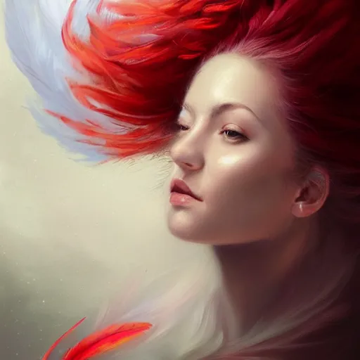 Image similar to a painting of a woman who made of curly white and transparent feathers cloud with red edges is holding a sword, a digital painting by charlie bowater, trending on artstation, metaphysical painting, speedpainting, made of feathers, digital painting, holographic undertones, highly saturated colors, 4 k, digital art, concept art, trending on artstation