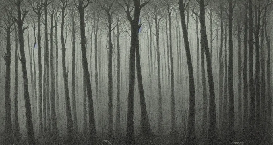 Image similar to A dense and dark enchanted forest with a swamp, by Zdzisław Beksiński