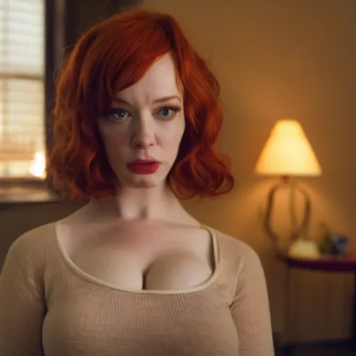 Image similar to amazing beautiful Christina Hendricks with mouth wide open in the living room, film still from the movie directed by Denis Villeneuve , wide lens