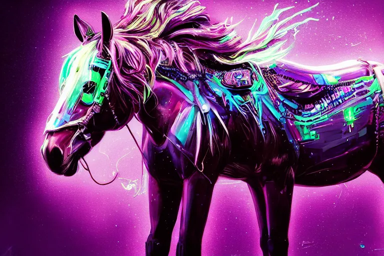 Prompt: a beautiful full body portrait of a cute cyberpunk horse with bioluminescent mane by sandra chevrier and greg rutkowski and wlop, purple blue color scheme, vaporware, retro, outrun, high key lighting, volumetric light, digital art, highly detailed, fine detail, intricate, ornate, complex, octane render, unreal engine, photorealistic