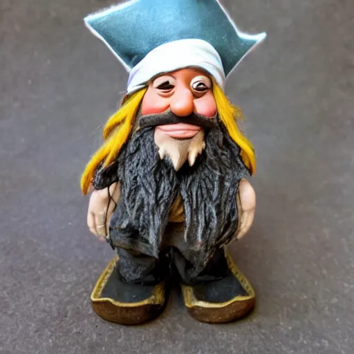 Image similar to a scraggly pirate gnome worn after days of travel on a pirate ship, white beard, realistic