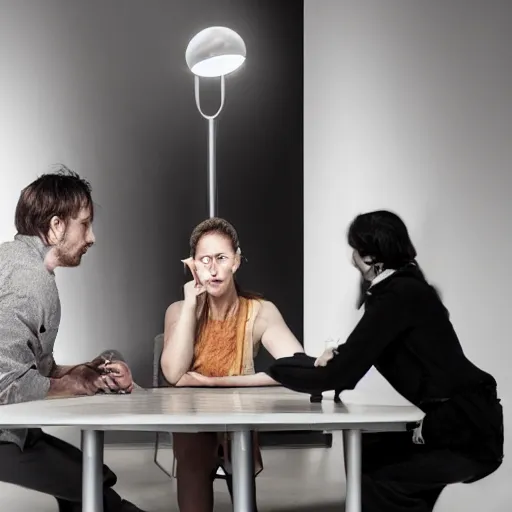 Image similar to the installation art depicts two people, a man and a woman, sitting at a table. the man is looking at the woman with a facial expression that indicates he is interested in her. the woman is looking at the man with a facial expression that indicates she is not interested in him. there is a lamp on the table between them. by andrew robinson mild