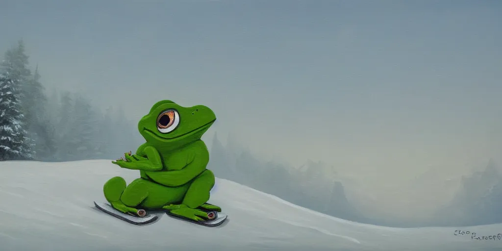 Image similar to pepe the frog snowboarding, gloomy landscape, oil painting by christopher radlund