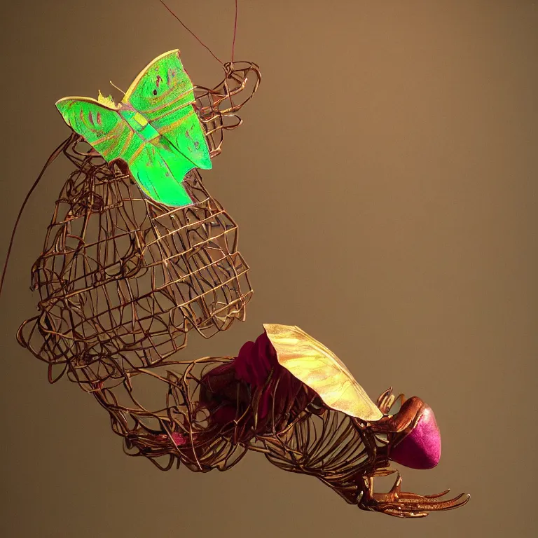 Prompt: hyperrealistic sculpture of a bronze fossilized luna moth crab in a large cage made of magenta nylon wire and beeswax on a pedestal by ron mueck and duane hanson and lee bontecou, hyperrealistic dramatic colored lighting trending on artstation 8 k