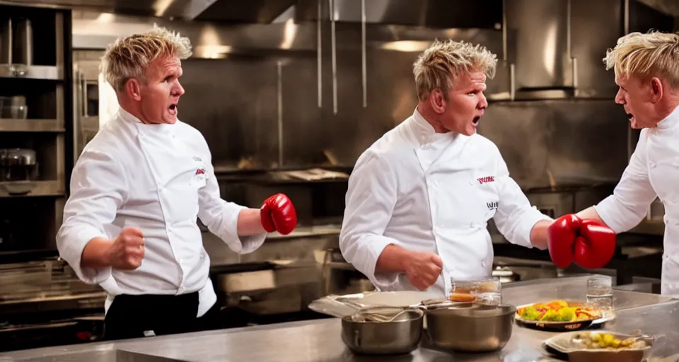 Image similar to photo of angry furious Gordon Ramsay punching Gordon Ramsay at the kitchen