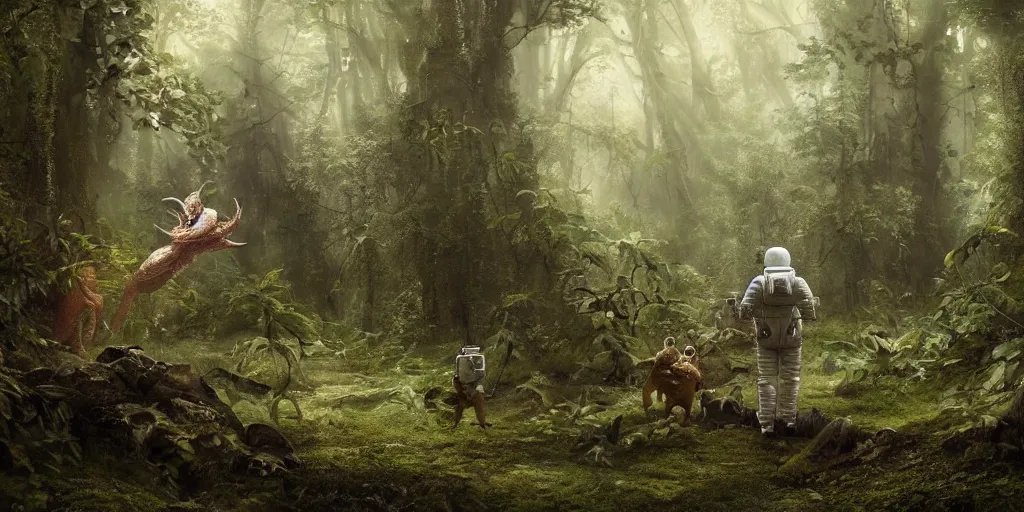 Image similar to an astronaut comes a across a strange creature in a forest, a detailed matte painting by frieke janssens, featured on cgsociety, fantasy art, matte painting, reimagined by industrial light and magic, matte drawing