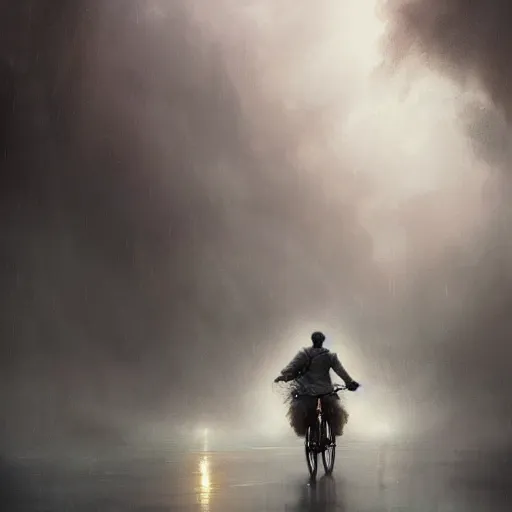 Image similar to cinematic shot epic portrait an man in a fancy suit riding a bike, rain, cloudy, broad light, ambient occlusion, volumetric light effect, made by ivan aivazovsky, peter mohrbacher, greg rutkowski, matte painting, trending on artstation, 4 k, perfectly defined features, digital painting, cinematic, epic, highly detailed,