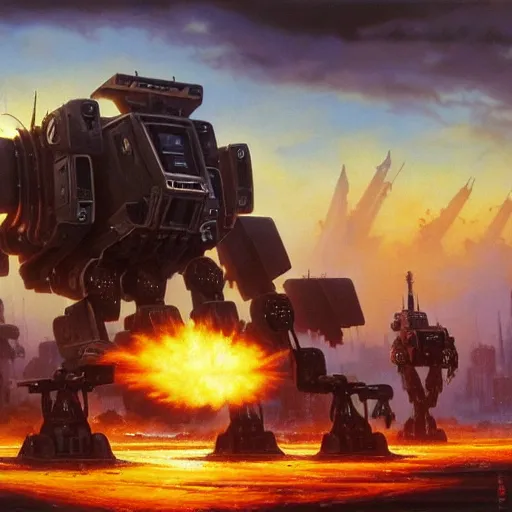 Prompt: an epic scene of an Atlas battlemech punching a Timberwolf Madcat Battlemech in the scottish plains as a futuristic city smolders in the distance, action scene, illustration, soft lighting, very detailed, painting oil on canvas by Jim Burns by Carl Gustav by Robert McCall, trending on artstation, 4k, 8k, HD