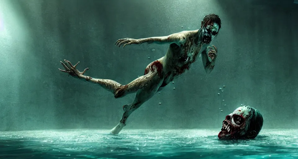 Image similar to highly detailed full body portrait of a zombie swimming underwater in a zombie - apocalypse, in a swimming pool, by greg rutkowski, octane render