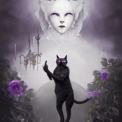 Prompt: actionism, soft painting curiosities carnival, beautiful cat in full gothic armor, symmetry accurate features, focus, very intricate ultrafine details, black white purple volumetric clouds, award winning masterpiece, octane render 8 k hd, tom bagshaw artstyle