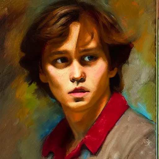 Prompt: young jhonny depp man wearing a red aloha shirt, oil painting by titian