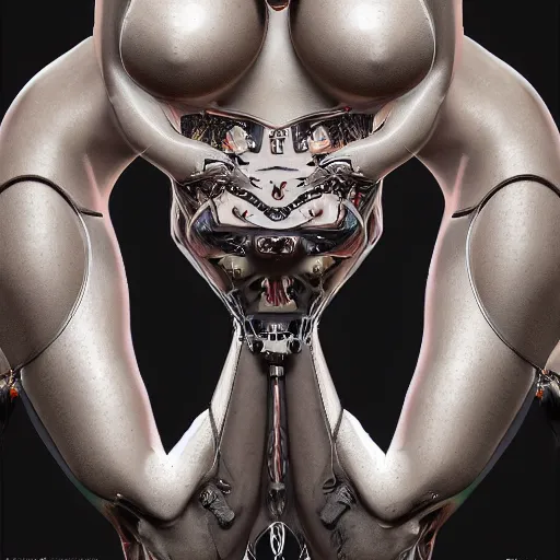 Prompt: biomechanical gina gerson chimera, goddess, chimeric organism, pale skin, organic polycarbon, full frontal, portrait, highly detailed, transhumanist, mendelbrot fractal, ray tracing, photorealistic, cyberpope, hyperdetailed, hyperrealistic, trending on artstation, oppai cyberpunk, octane render, hdr, uhd 4k