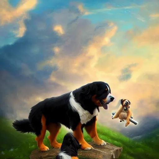 Image similar to an angel riding a giant Bernese mountain dog in heaven, trending on artstation