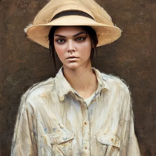 Image similar to happy very thick paint brush strokes paint texture full body very worn out very rusty fashion model kendall jenner by Jeremy Lipking by Hasui Kawase by Richard Schmid (((smokey eyes makeup eye shadow fantasy, glow, shimmer as victorian woman in a long white frilly lace dress and a large white hat having tea in a sunroom filled with flowers, roses and lush fern flowers ,intricate, night, highly detailed, dramatic lighting))) , high quality