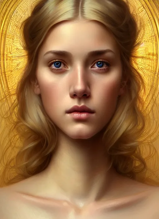 Image similar to beautiful symmetrical face, portrait of young woman blessed with ever - increasing physical and mental perfection, realism, blonde hair, perfect face!! intricate, elegant, highly detailed, vision of holy perfection!! digital painting, artstation, concept art, smooth, sharp focus, illustration, humanity, art by artgerm and greg rutkowski and alphonse mucha