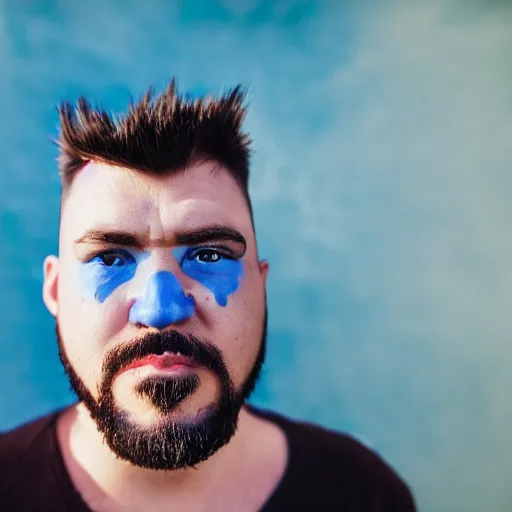 Image similar to fish eye lens close up photograph of a man with blue skin and a goatee side eyeing the camera with a sympathetic look