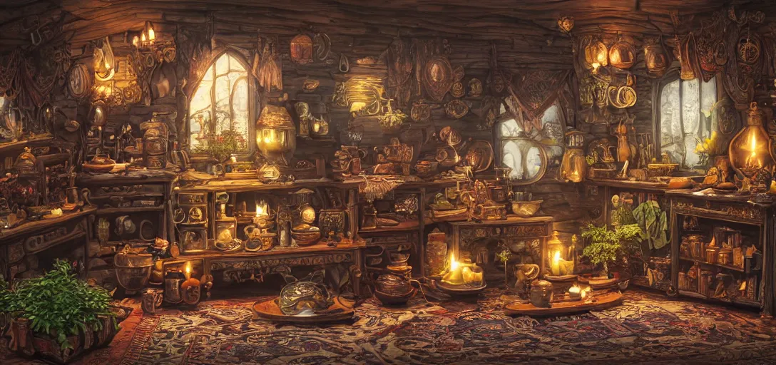 Prompt: a detailed isometric octane render of the interior of a wizard's home by Reann Chou and Justin Gerard and David Finch, potions, herbs and flowers, large black kettle on hearth, black cat, bed, tapestry, bookshelf, detailed patterned rug, candles, alchemical equipment, glass labware, detailed shading, volumetric lighting, 8k