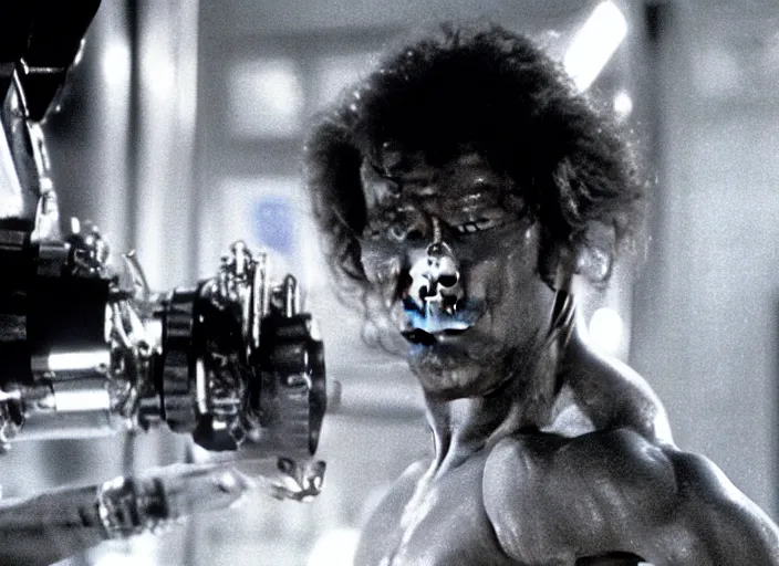 Image similar to arnold schwarzenegger in a still from the movie The Fly (1986)