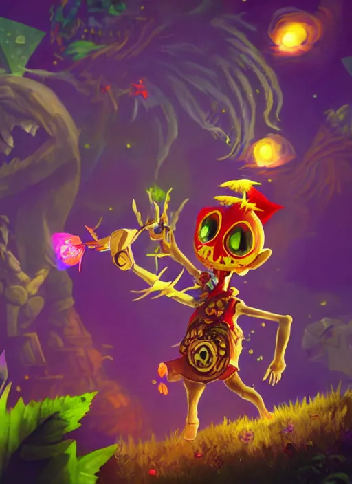 Image similar to skull kid from majoras mask floating in the air while looking at the viewer maniacally, legend of zelda fairy in the background, dramatic lighting, cinematic, film, dynamic pose, movie scene, colorful, dark art, concept art, 8K